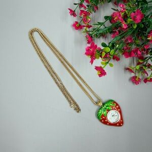 Vintage Whimsical Strawberry Timepiece Necklace